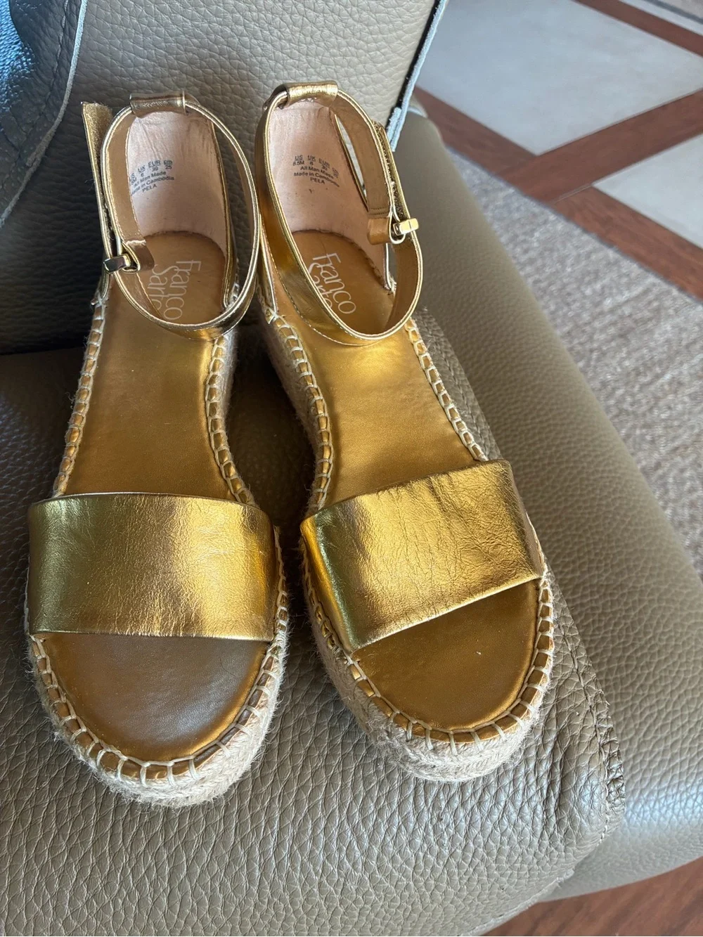 Franco Sarto Metallic Gold Espadrille Wedge Sandals with Ankle Strap